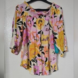 Pioneer Woman On Off Shoulder Smocked Blouse XL NWT Balloon Sleeve